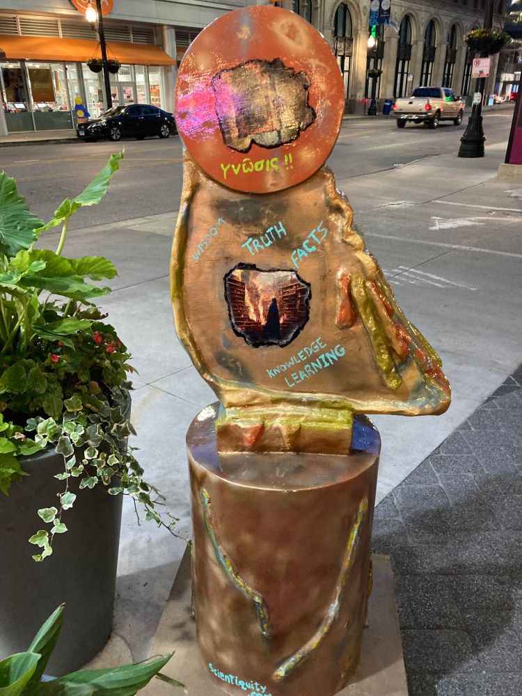 scientiquity, terry poulos, bird of trey, owl, wisdom, truth, knowledge, learning, library at alexandria, greektown chicago, art exhibit, sculpture 
